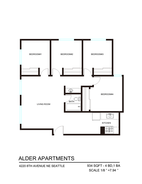 Floor plan for 4 beds, 1 bath, 880 sqft